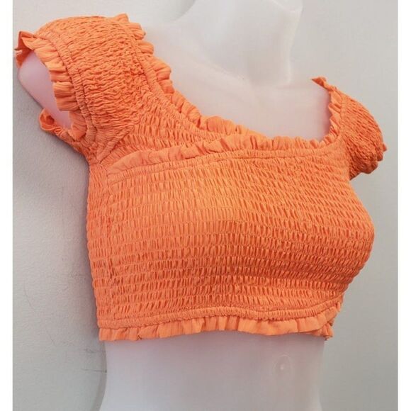 BCBGeneration Crop Top Women's MEDIUM Orange Smocked Off-The-Shoulder Stretch - Picture 8 of 11